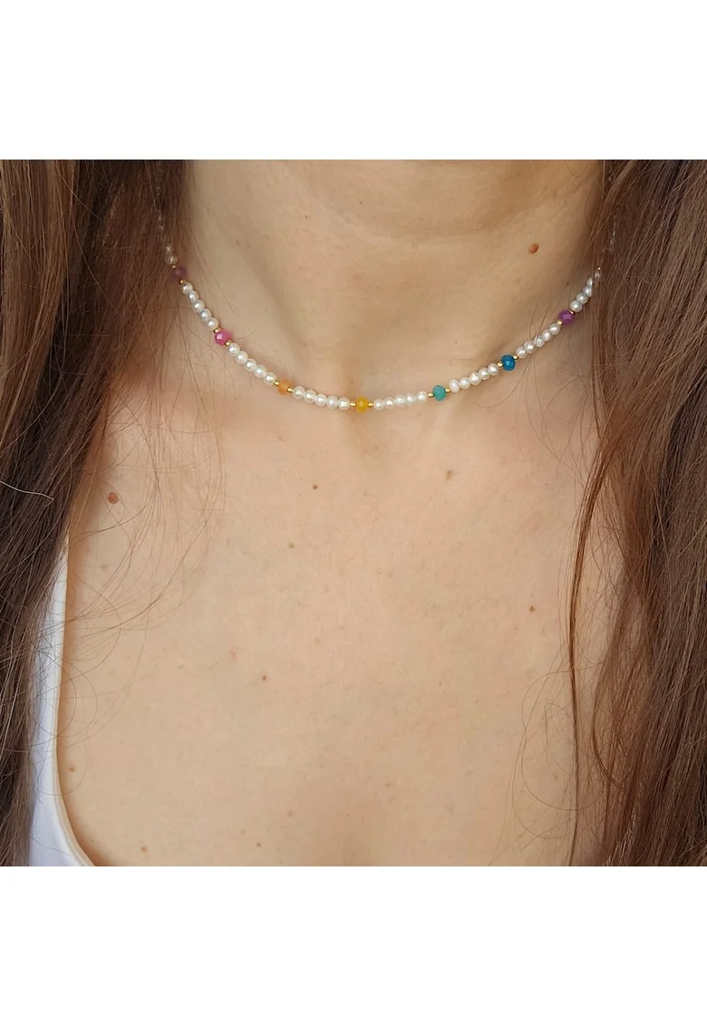 Colier din perle de cultura si jad curcubeu cu argint 925 placat cu aur de 14k, 38 cm