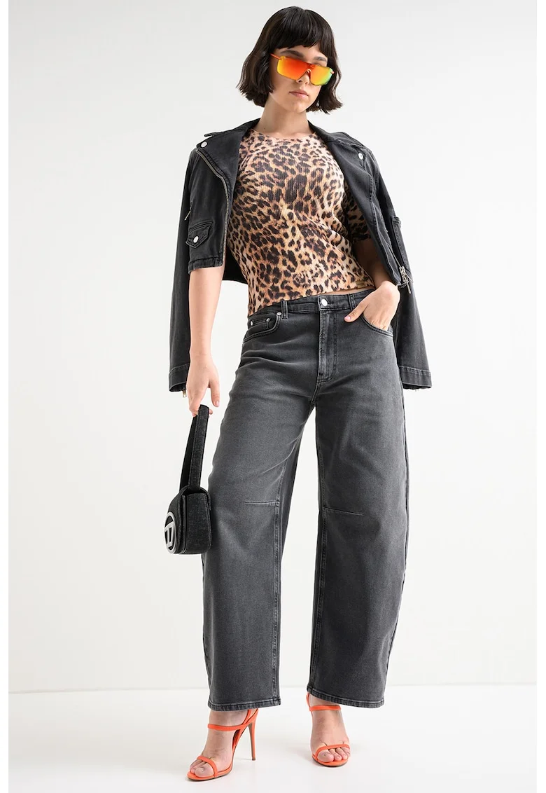 Tricou slim fit cu animal print, Maro/Crem