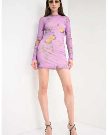 Rochie cambrata cu imprimeu cu fructe, Verde/Galben/Lila