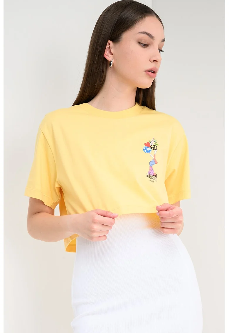 Tricou crop cu decolteu la baza gatului, Rosu/Galben vanilie/Albastru