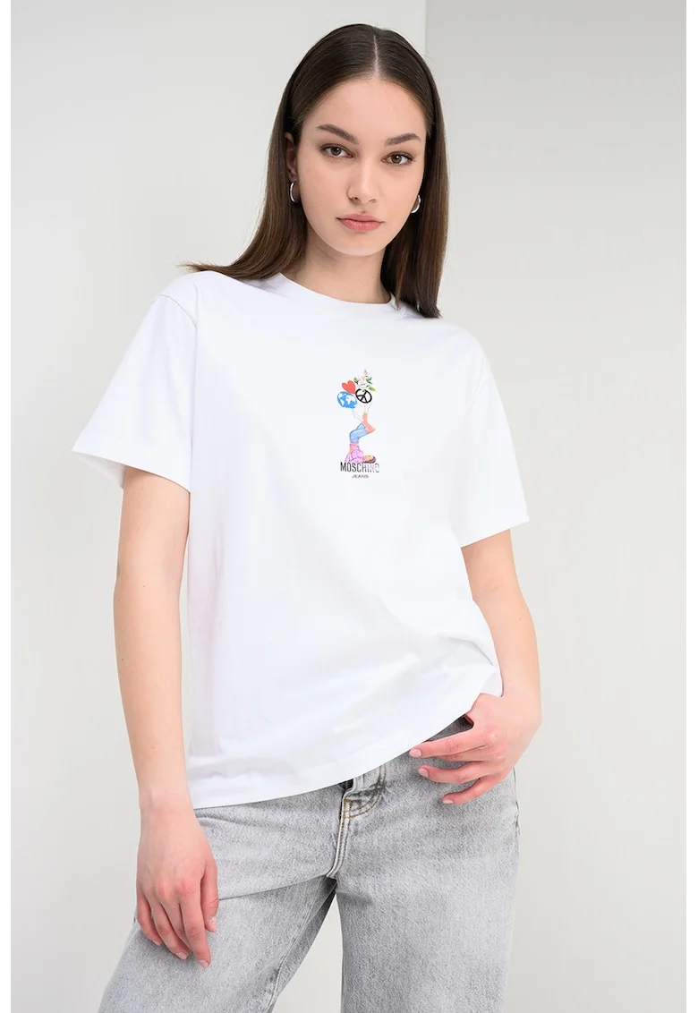 Tricou lejer cu imprimeu grafic, Alb/Portocaliu/Albastru