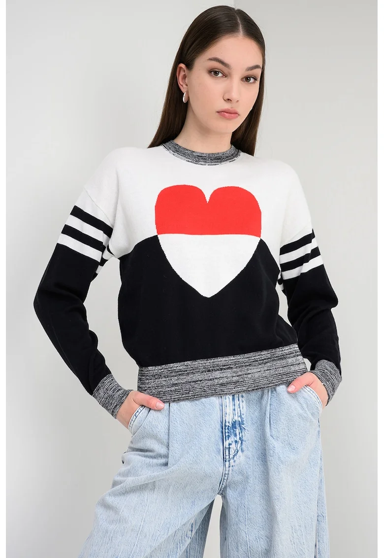 Pulover cu decolteu la baza gatului si model, Rosu/Alb/Negru