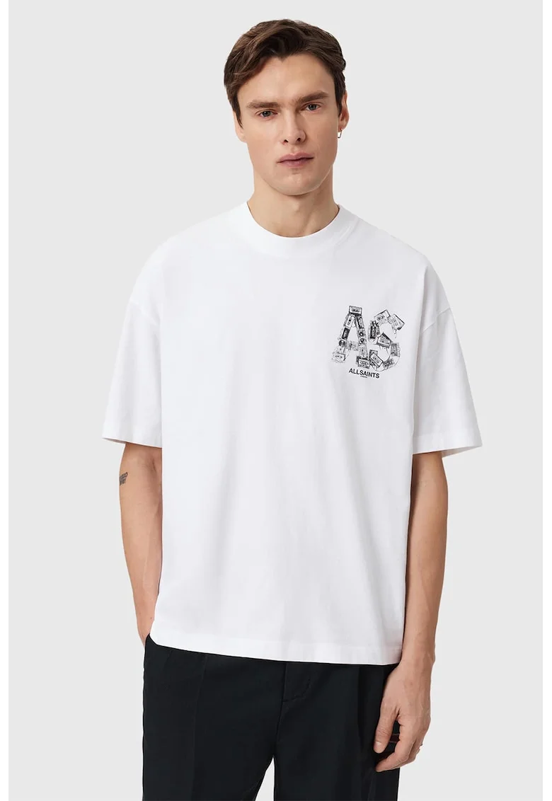 Tricou supradimensionat cu imprimeu grafic Mixtape, Gri deschis/Alb optic