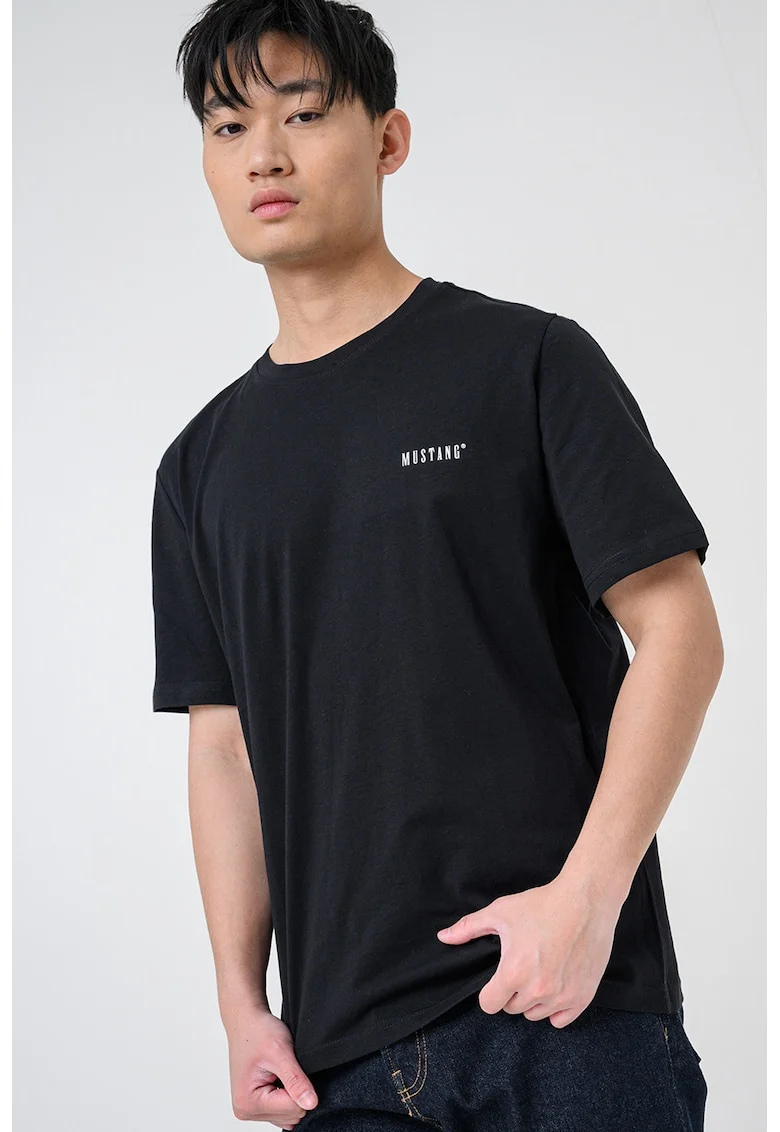 Tricou regular fit cu decolteu la baza gatului, Negru