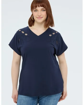 Bluza din amestec de bumbac cu decolteu in V, Bleumarin