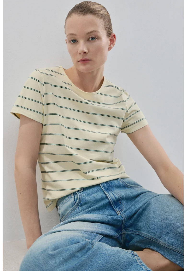 Tricou cu decolteu la baza gatului si dungi, Crem/Verde persan