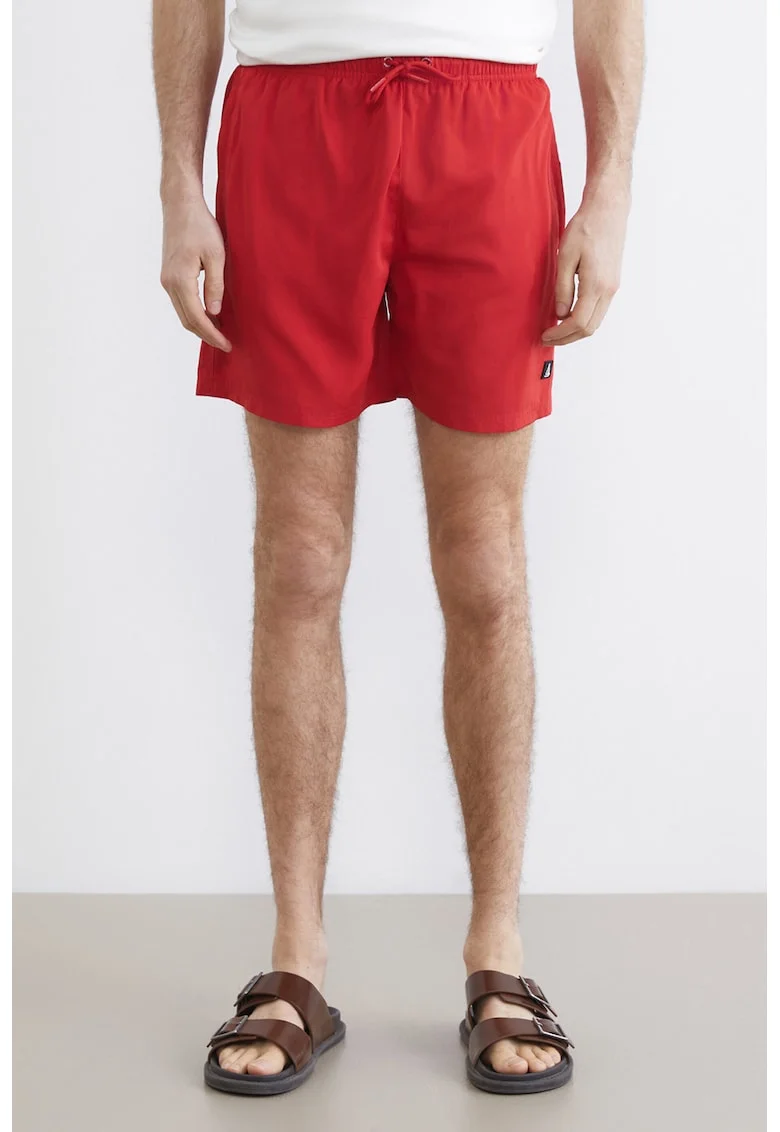 Pantaloni scurti de baie cu buzunare cu fermoar si model uni, Rosu vermillion