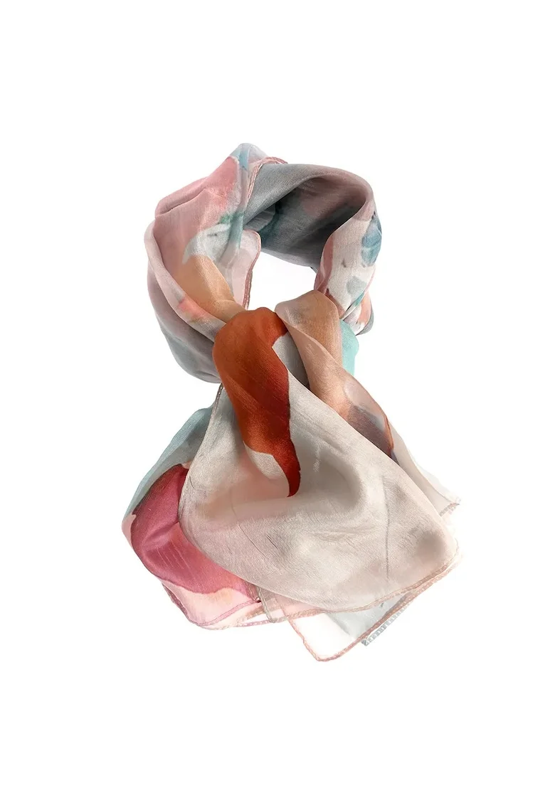 Esarfa din matase cu imprimeu floral abstract in nuante pastel
