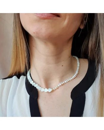 Colier din perle de cultura si inimi de sidef cu argint 925 placat cu aur de 14k, 41 cm