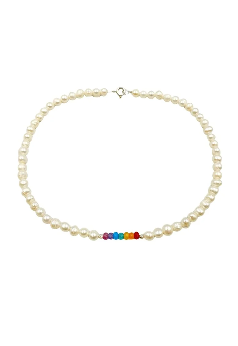 Colier Rainbow din perle de cultura si jad curcubeu cu argint 925, 39 cm