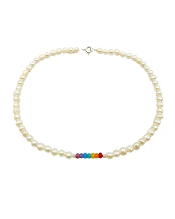 Colier Rainbow din perle de cultura si jad curcubeu cu argint 925, 39 cm