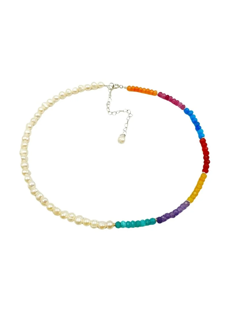 Colier  din perle de cultură și jad cu argint 925, 37x6cm, multicolor