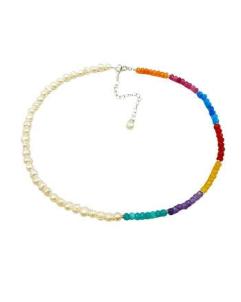 Colier  din perle de cultură și jad cu argint 925, 37x6cm, multicolor
