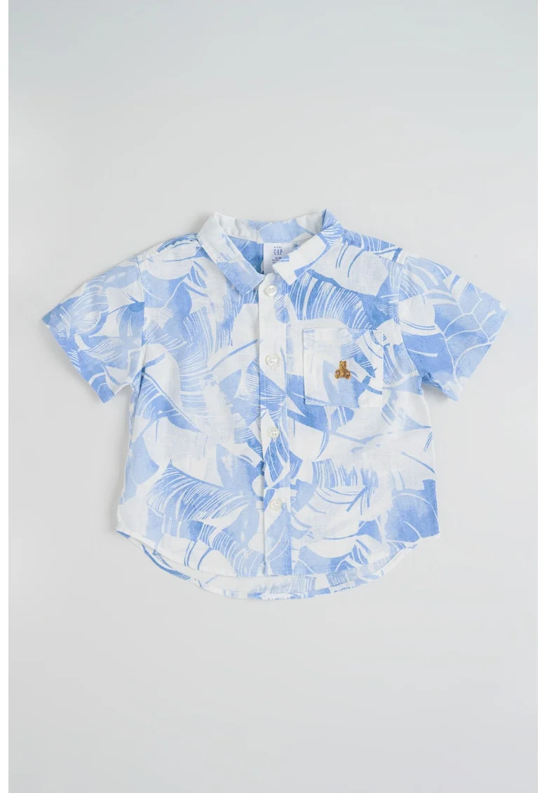 Camasa cu maneci scurte si imprimeu tropical, Albastru pastel/Alb murdar