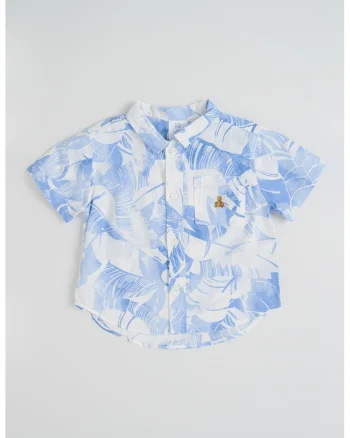 Camasa cu maneci scurte si imprimeu tropical, Albastru pastel/Alb murdar