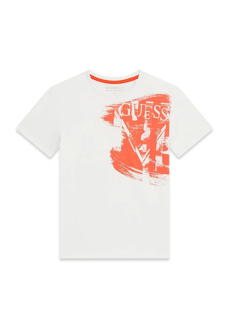 Tricou cu decolteu la baza gatului si imprimeu logo, Alb fildes/Portocaliu mandarina