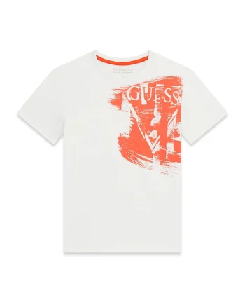 Tricou cu decolteu la baza gatului si imprimeu logo, Alb fildes/Portocaliu mandarina
