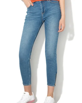 Blugi skinny cu talie inalta si slituri cu fermoar Scarlett, Albastru stins