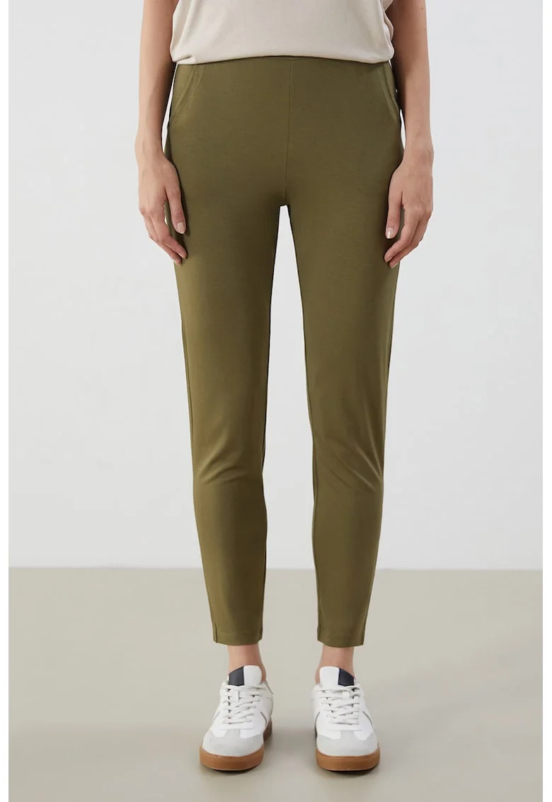 Pantaloni crop cu croiala slim-fit si talie elastica, Verde masliniu inchis