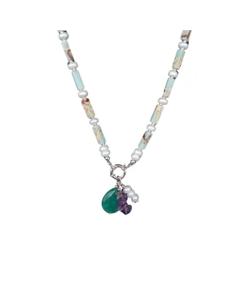 Colier din jasp imperial si perle discuri cu pandantiv din ametist, perle si aventurin cu accesorii si sistem de inchidere din argint rodiat