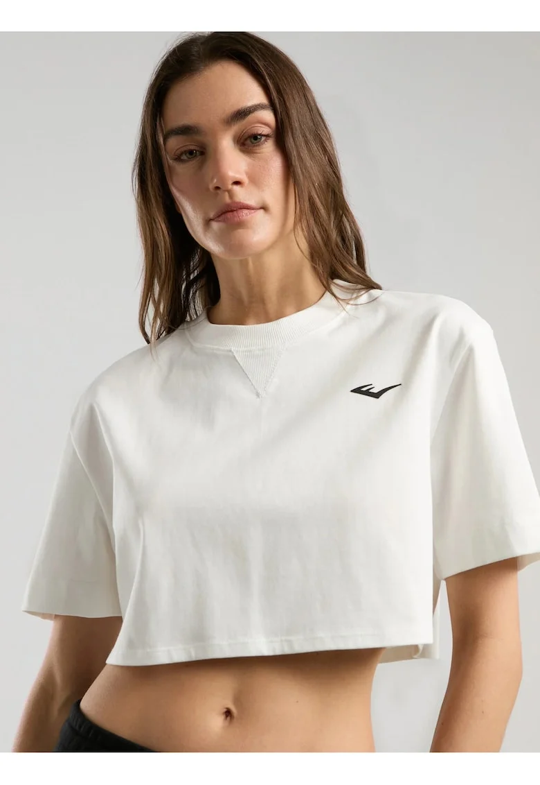 Tricou oversized scurt de dama si imprimeu cu logo pe spate, Alb, Alb