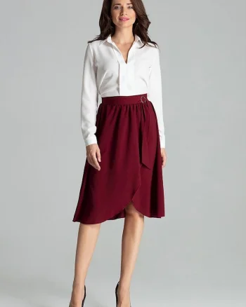 Fusta midi  neagra, talie plisata, fermoar lateral ascuns, curea cu catarama aurie, poliester, Rosu