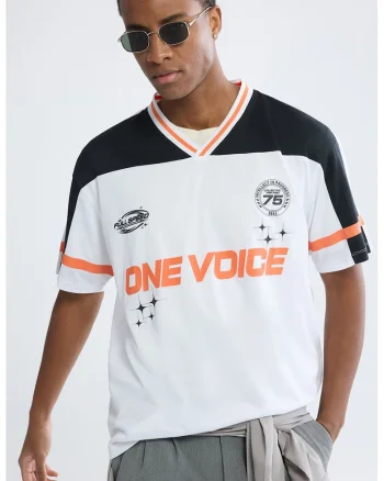 Tricou supradimensionat cu decolteu in V, Alb/Negru