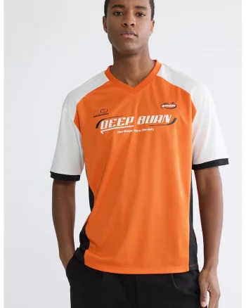 Tricou cu imprimeu si decolteu in V, Alb/Negru/Portocaliu mandarina