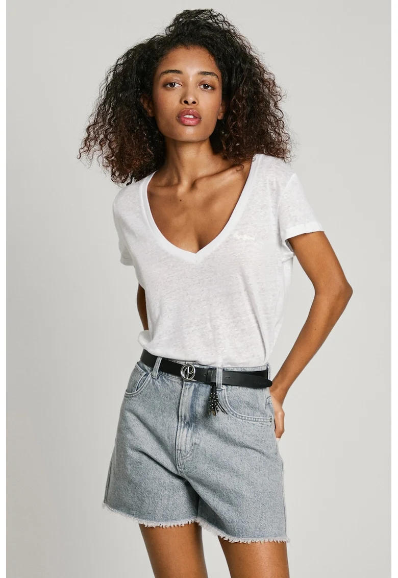 Tricou din bumbac si in cu decolteu in V Megan, Alb