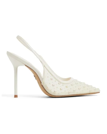 Pantofi din piele ecologica cu toc si varf ascutit Pearlescent, Alb murdar