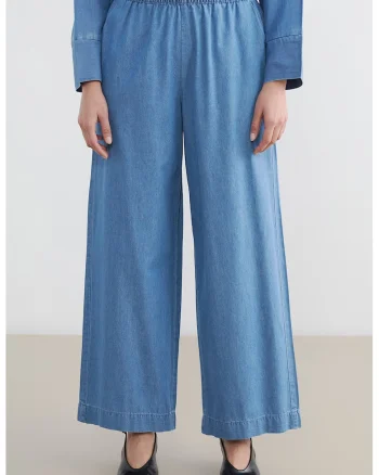 Pantaloni ampli din chambray cu talie elastica, Albastru