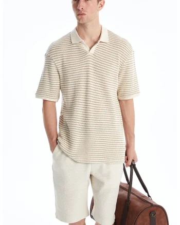 Tricou polo cu croiala lejera si dungi, Alb/Bej