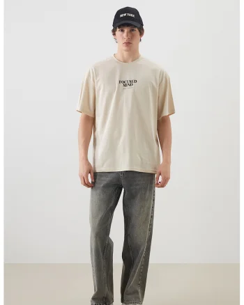Tricou lejer din bumbac cu imprimeu text, Bej
