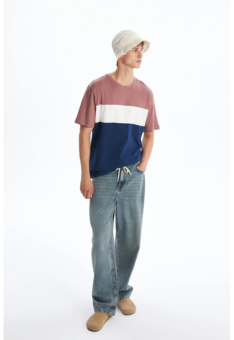 Tricou din bumbac cu dungi, Roz prafuit/Bleumarin