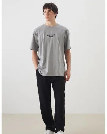 Tricou lejer din bumbac cu imprimeu text, Gri deschis