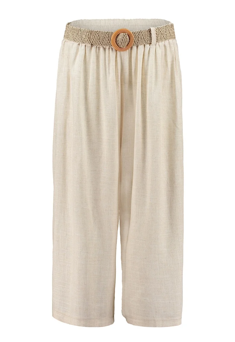 Pantaloni crop din amestec de in cu croiala ampla si curea in talie, Bej deschis