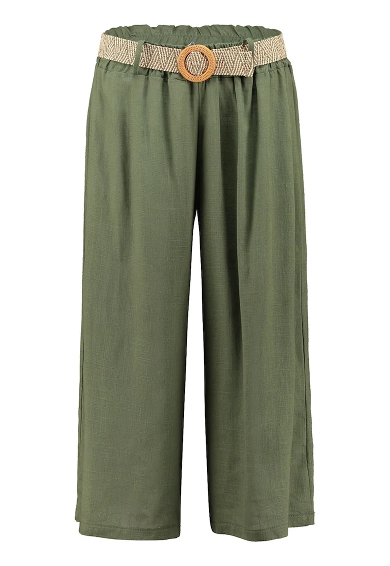 Pantaloni crop din amestec de in cu croiala ampla si curea in talie, Kaki