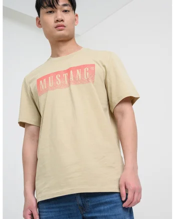 Tricou cu decolteu la baza gatului si imprimeu logo Austin, Bej inchis