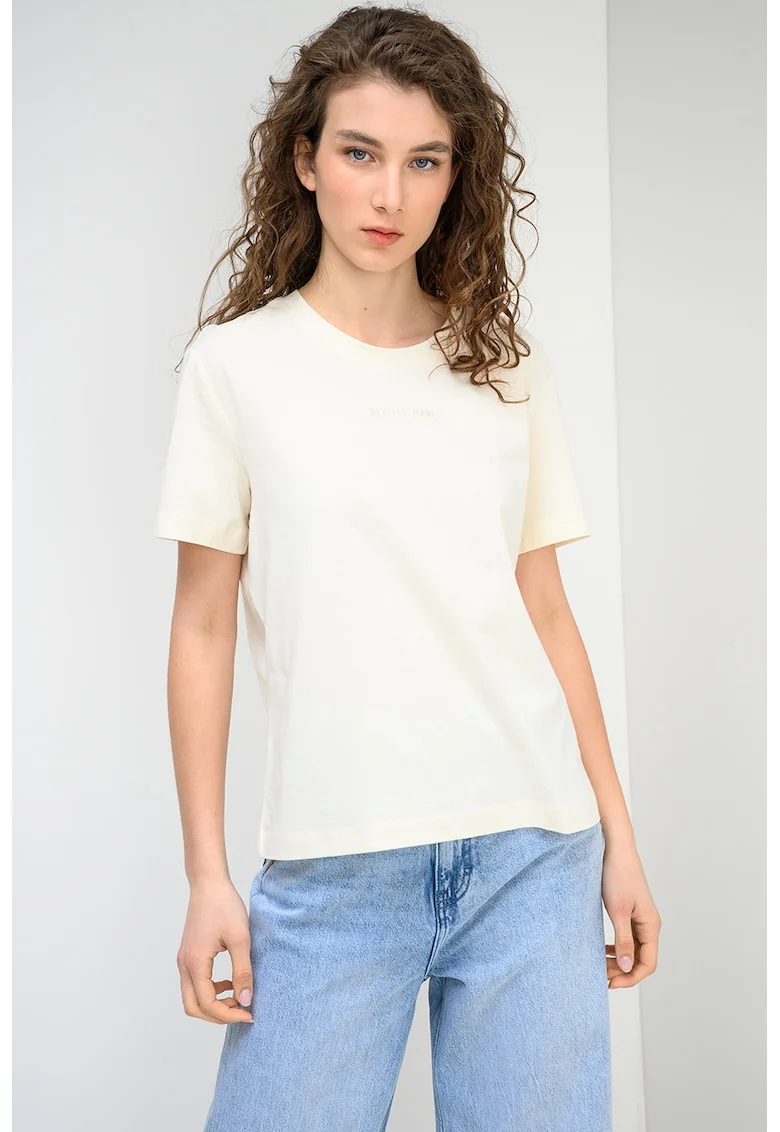 Tricou cu decolteu la baza gatului si logo Floris, Alb fildes