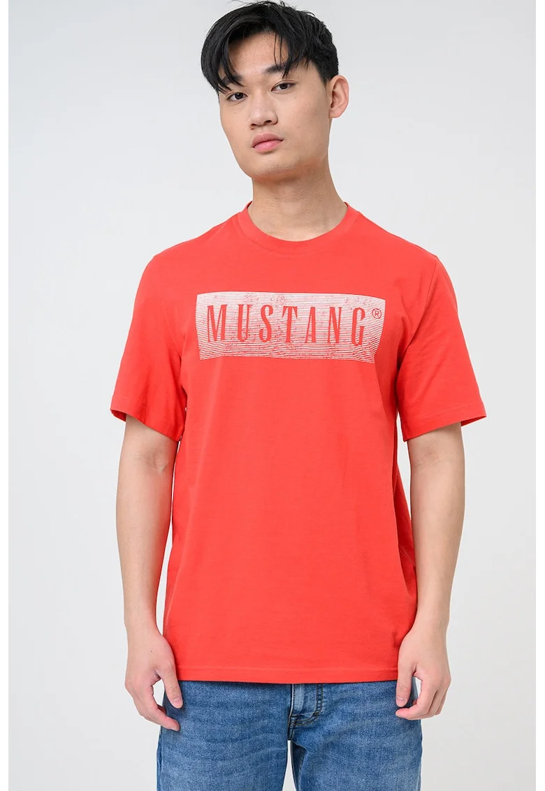 Tricou cu decolteu la baza gatului si imprimeu logo Austin, Rosu cireasa