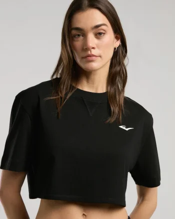 Tricou oversized scurt de dama si imprimeu cu logo pe spate, Negru