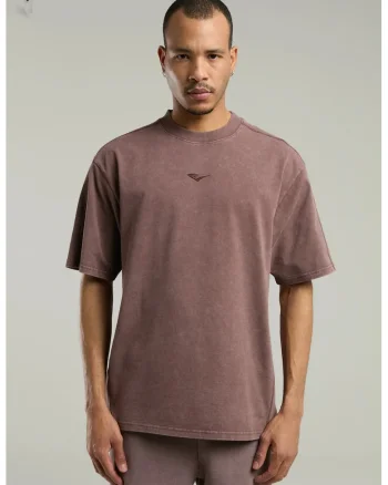 Tricou din amestec de bumbac cu decolteu la baza gatului si imprimeu cu logo, Maro, Maro