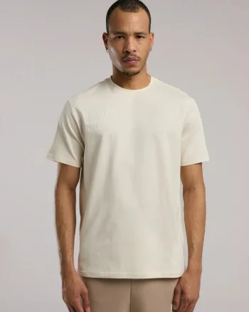 Tricou din amestec de bumbac cu decolteu la baza gatului si imprimeu cu logo, Bej, Bej