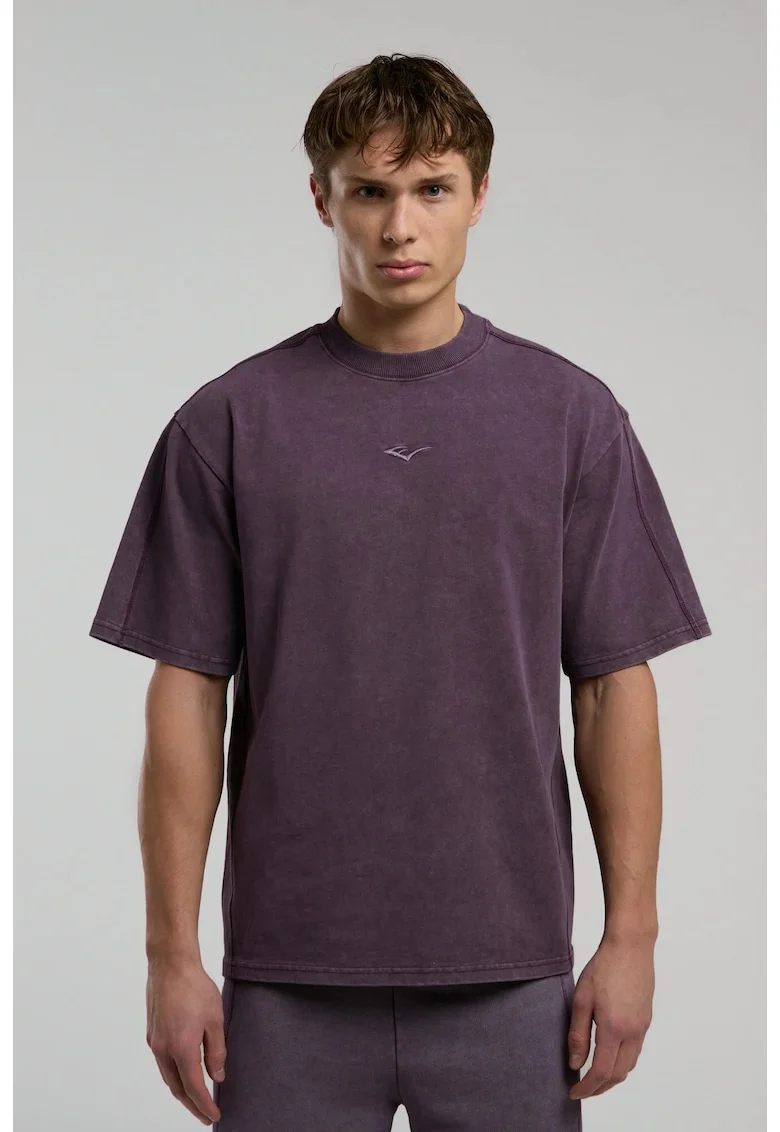 Tricou din amestec de bumbac cu decolteu la baza gatului si imprimeu cu logo, Mov inchis, Mov inchis