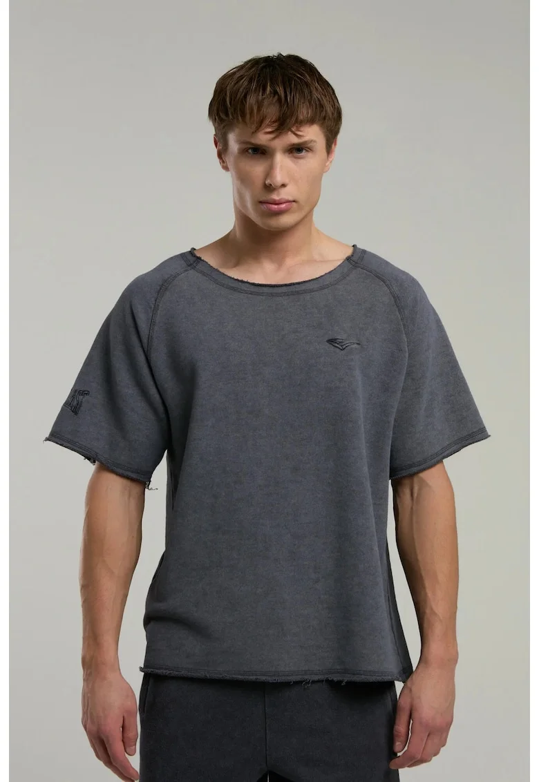 Tricou din amestec de bumbac cu decolteu la baza gatului si imprimeu cu logo, Gri inchis, Gri inchis