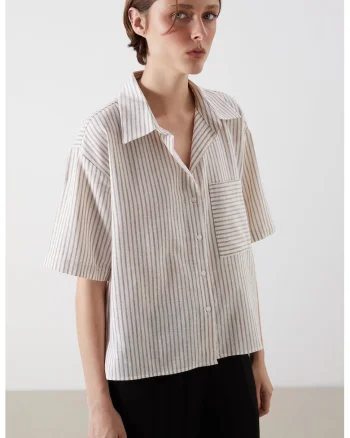 Camasa supradimensionata din amestec de in, Alb/Bej