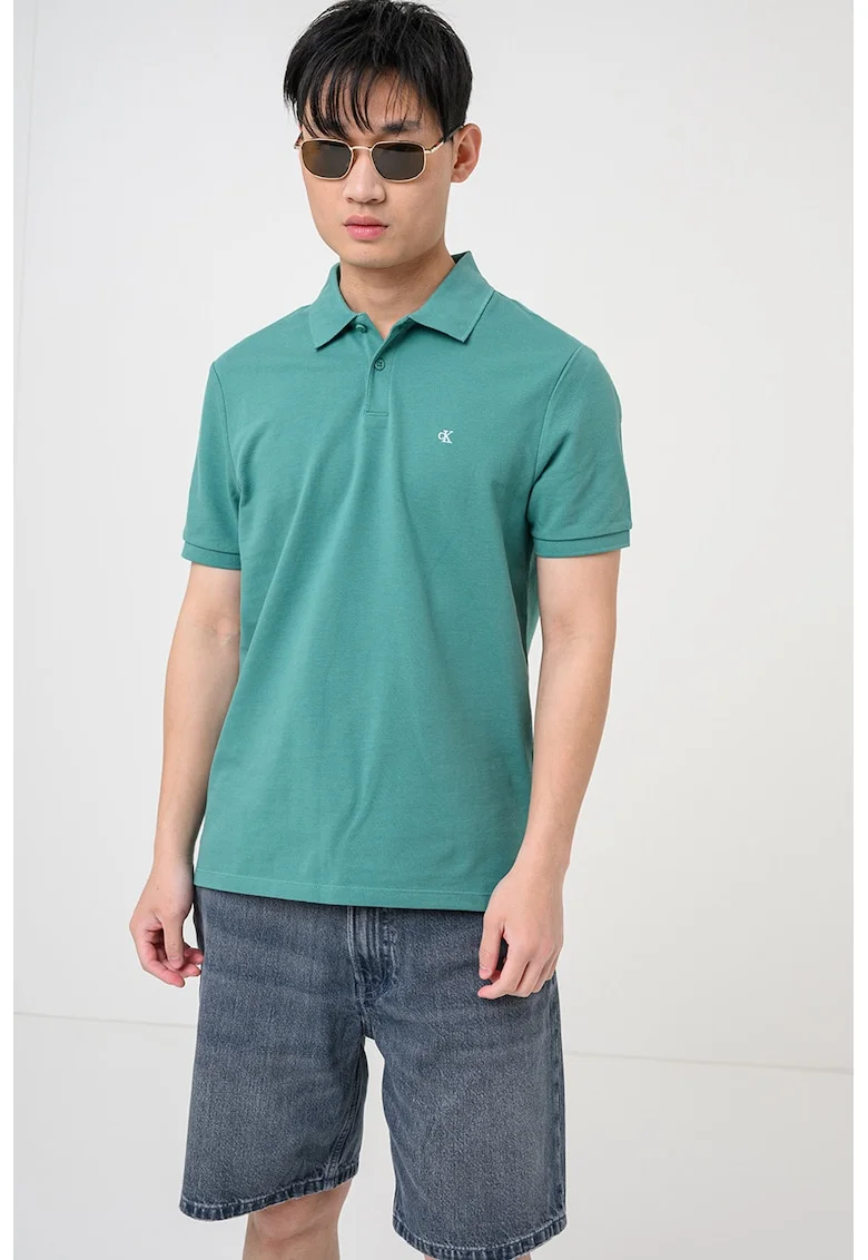 Tricou polo de bumbac pique cu logo brodat discret, Verde irlandez