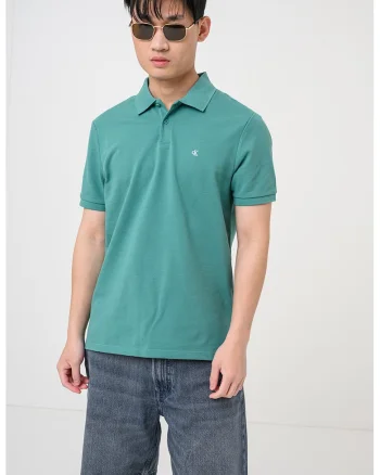 Tricou polo de bumbac pique cu logo brodat discret, Verde irlandez