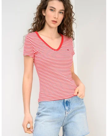 Tricou striat cu decolteu in V, Rosu/Alb