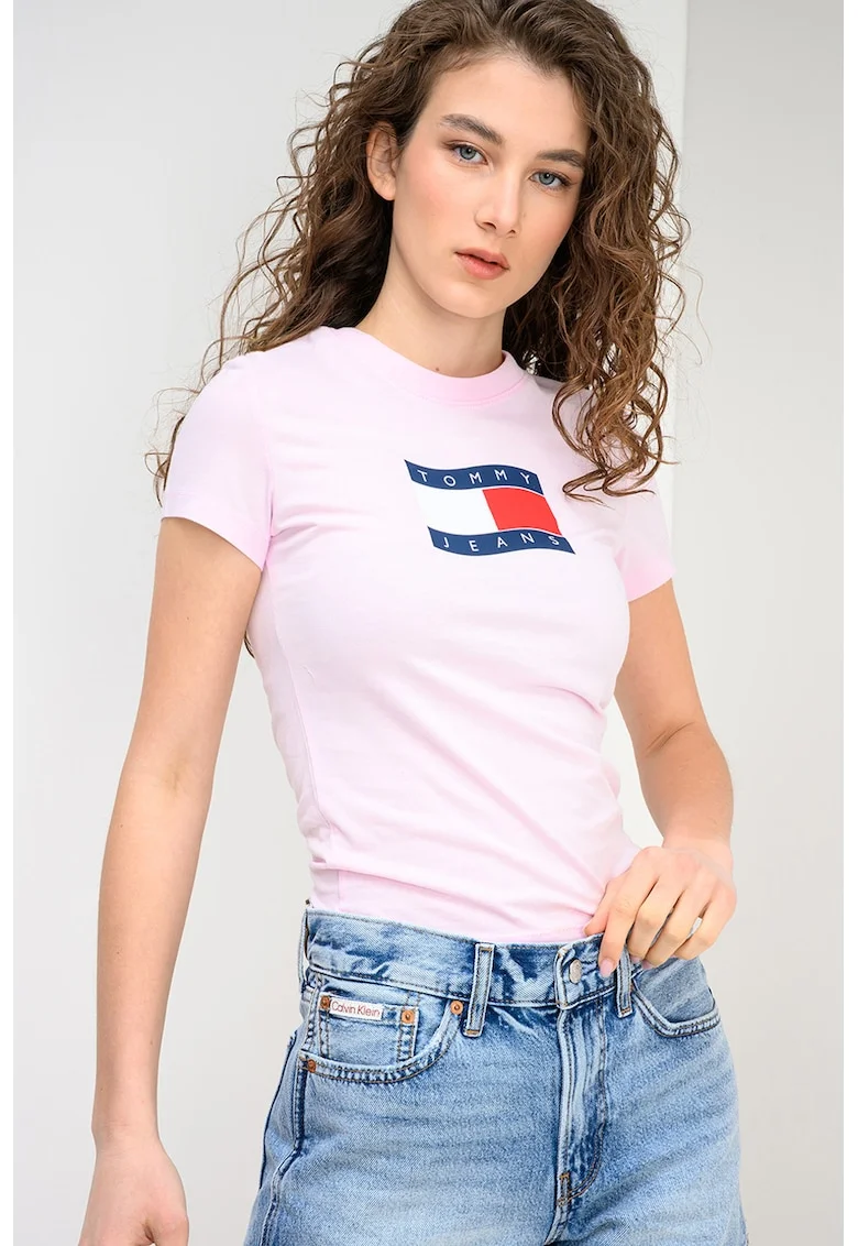 Tricou cu decolteu la baza gatului si logo, Roz pastel/Bleumarin